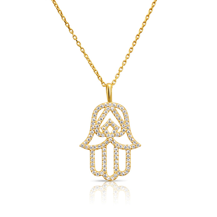 14K Solid Yellow Gold CZ Hamsa Pendant
