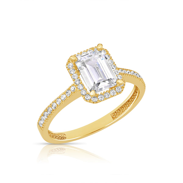 14K Yellow Gold Halo Emerald Cut Cubic Zirconia Engagement Ring