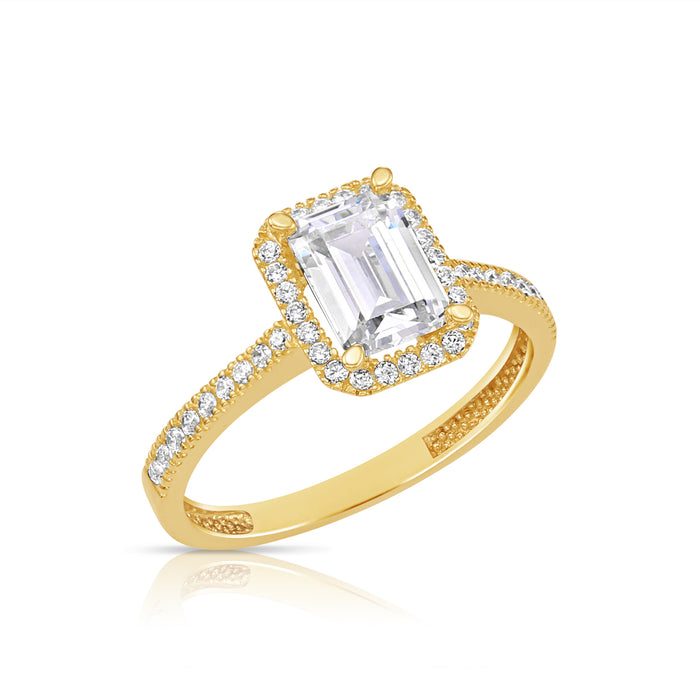 14K Yellow Gold Halo Emerald Cut Cubic Zirconia Engagement Ring