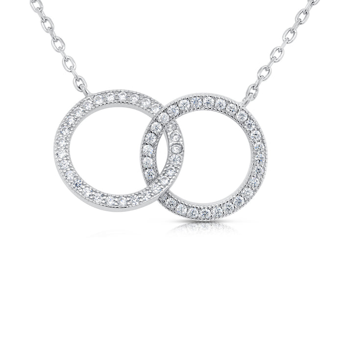 925 Sterling Silver Halo CZ Pendant Necklace, Interlocking Double Circle