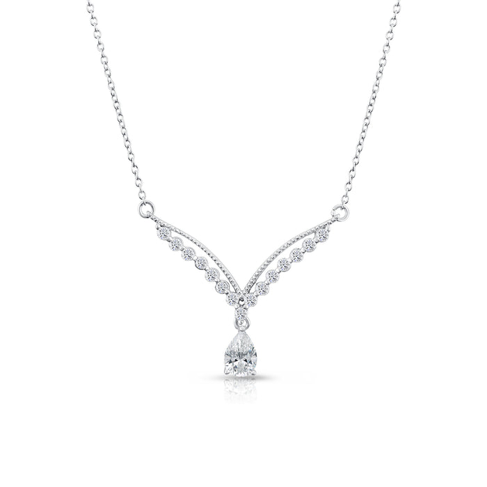 925 Sterling Silver Solitaire Pear V Drop CZ Pendant Necklace