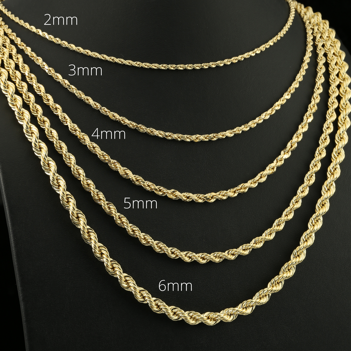 14k Yellow Gold Light-weight Hollow Rope Chain Necklace