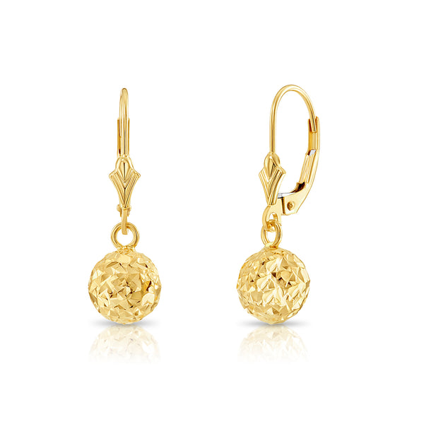 10K Solid Yellow Gold Fancy Diamond-Cut Dangle Ball Lever-back Earrings
