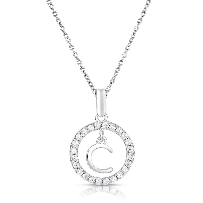 Sterling Silver Cubic Zirconia Round Initial Pendant Necklace