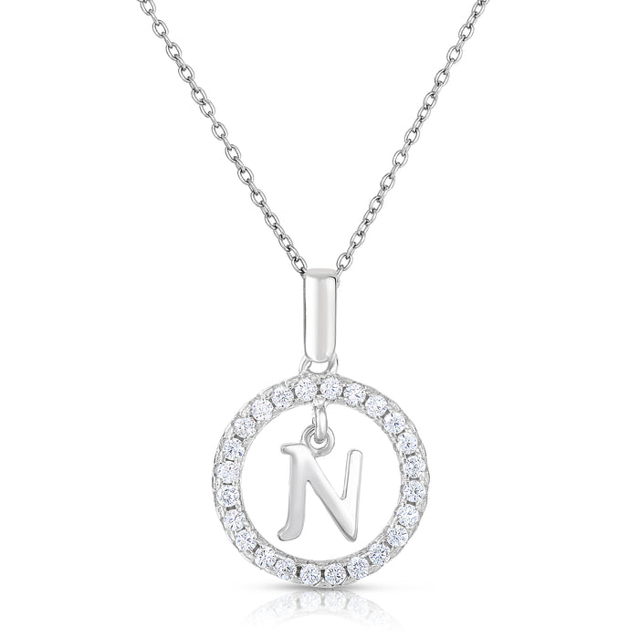 Sterling Silver Cubic Zirconia Round Initial Pendant Necklace