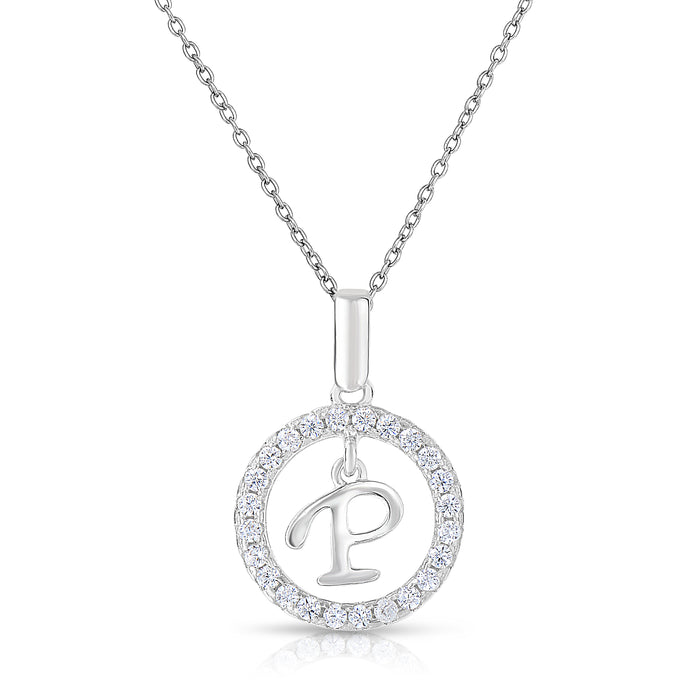 Sterling Silver Cubic Zirconia Round Initial Pendant Necklace