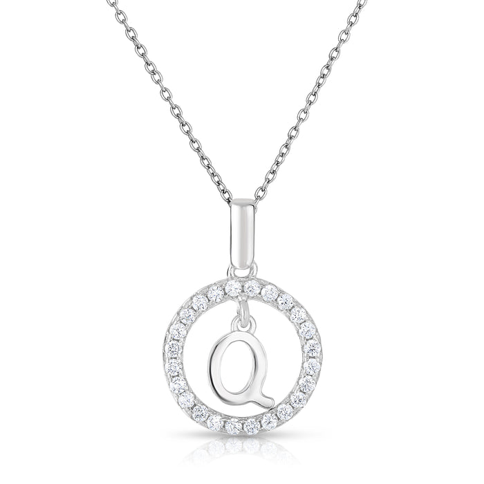 Sterling Silver Cubic Zirconia Round Initial Pendant Necklace