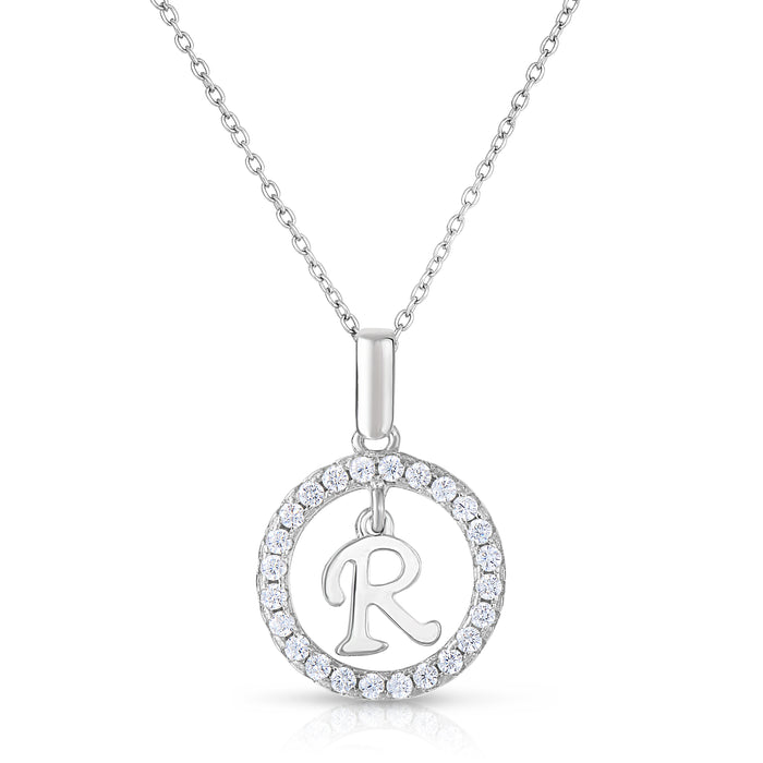 Sterling Silver Cubic Zirconia Round Initial Pendant Necklace