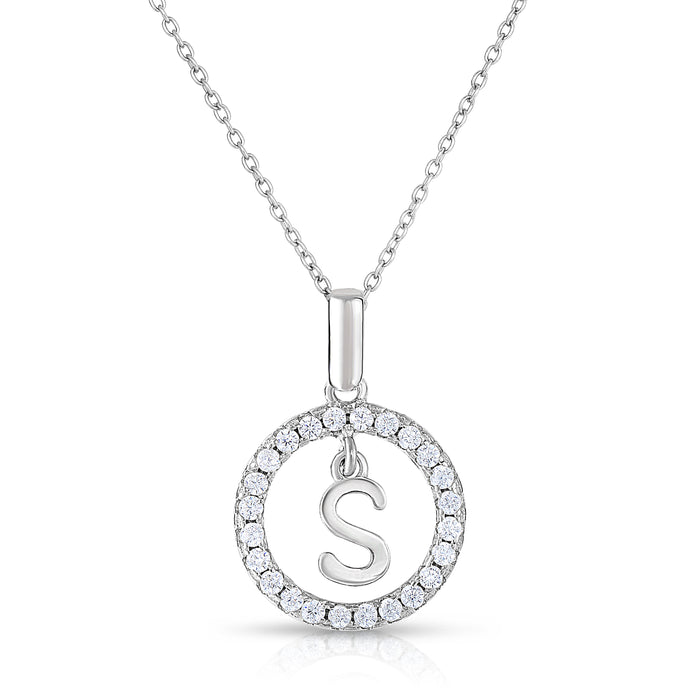 Sterling Silver Cubic Zirconia Round Initial Pendant Necklace