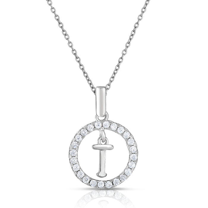 Sterling Silver Cubic Zirconia Round Initial Pendant Necklace