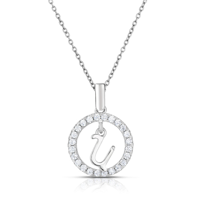 Sterling Silver Cubic Zirconia Round Initial Pendant Necklace