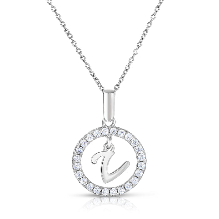 Sterling Silver Cubic Zirconia Round Initial Pendant Necklace