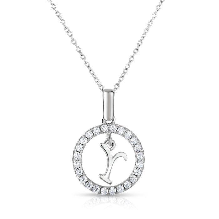 Sterling Silver Cubic Zirconia Round Initial Pendant Necklace