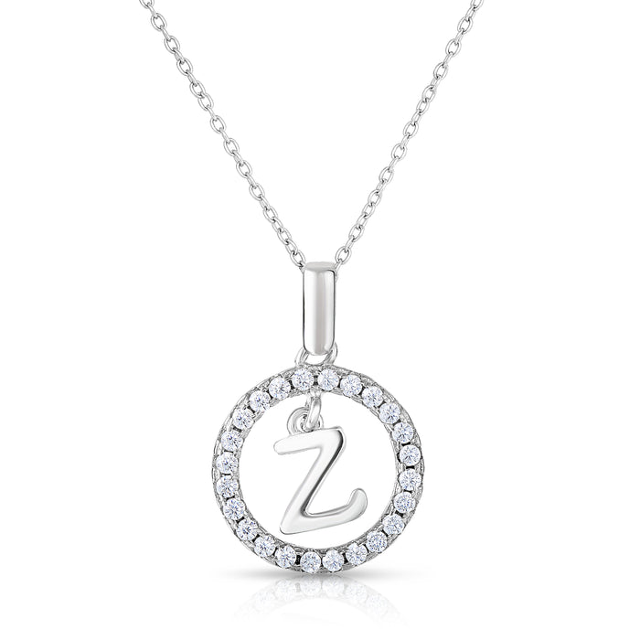 Sterling Silver Cubic Zirconia Round Initial Pendant Necklace