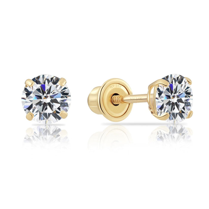 14k Yellow Gold Round Solitaire CZ Stud Earrings - Screwback