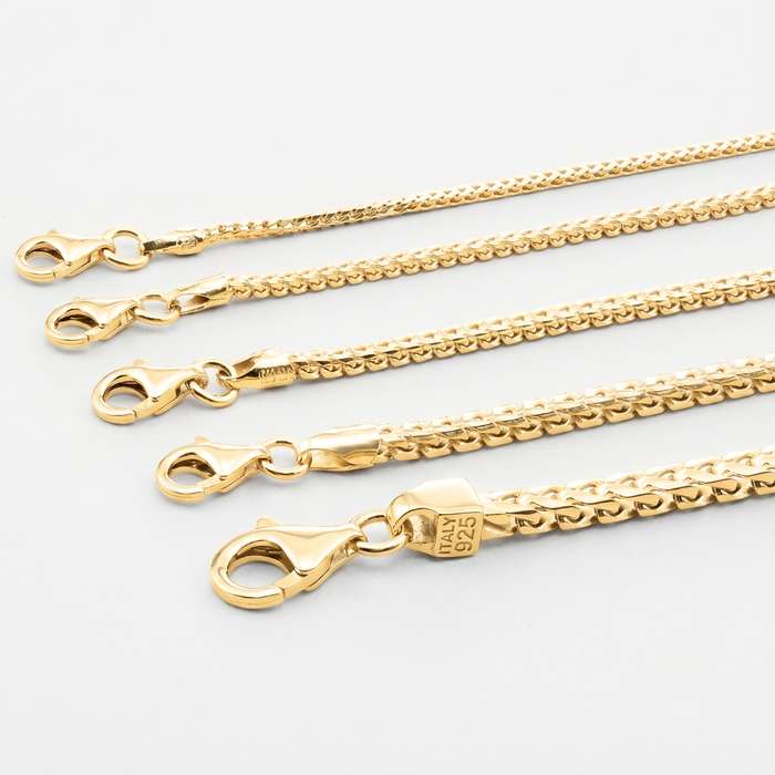14k Gold Plated Italian Franco Chains, Solid Sterling Silver, With Lobster Lock