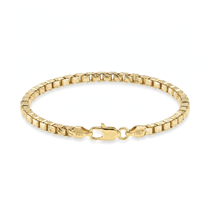 14K Gold Plated Italian Box Chain Bracelet, Solid Sterling Silver, With Lobster Lock