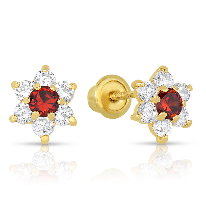 14k Yellow Gold Flower Birthstone CZ  Stud Earrings Screw Back - Medium (7mm)