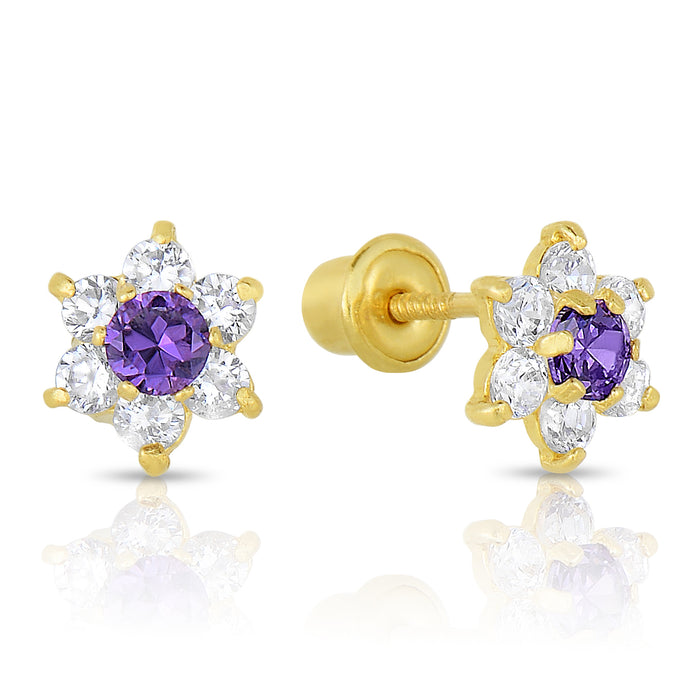 14k Yellow Gold Flower Birthstone CZ  Stud Earrings Screw Back - Medium (7mm)