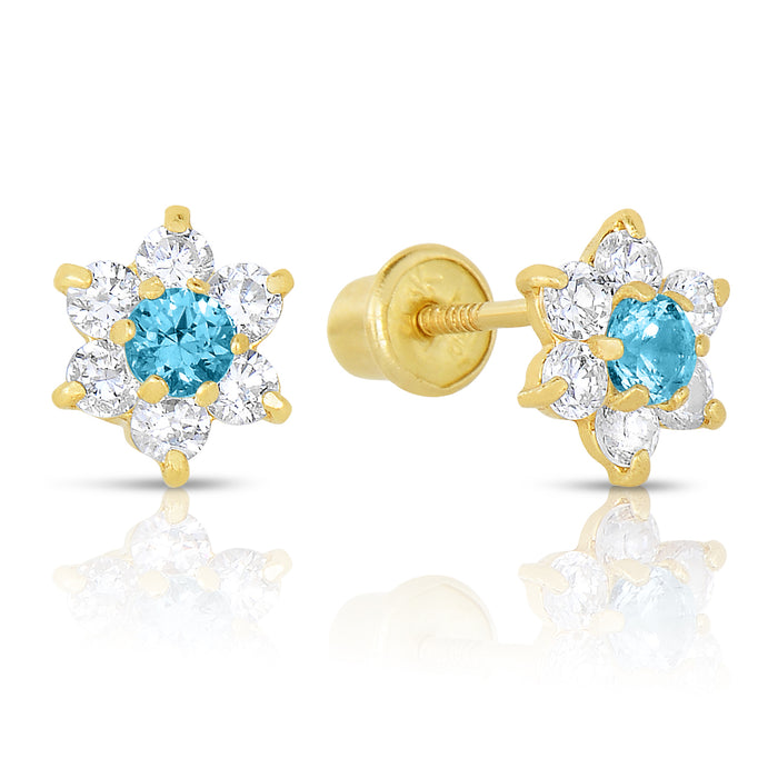 14k Yellow Gold Flower Birthstone CZ  Stud Earrings Screw Back - Medium (7mm)