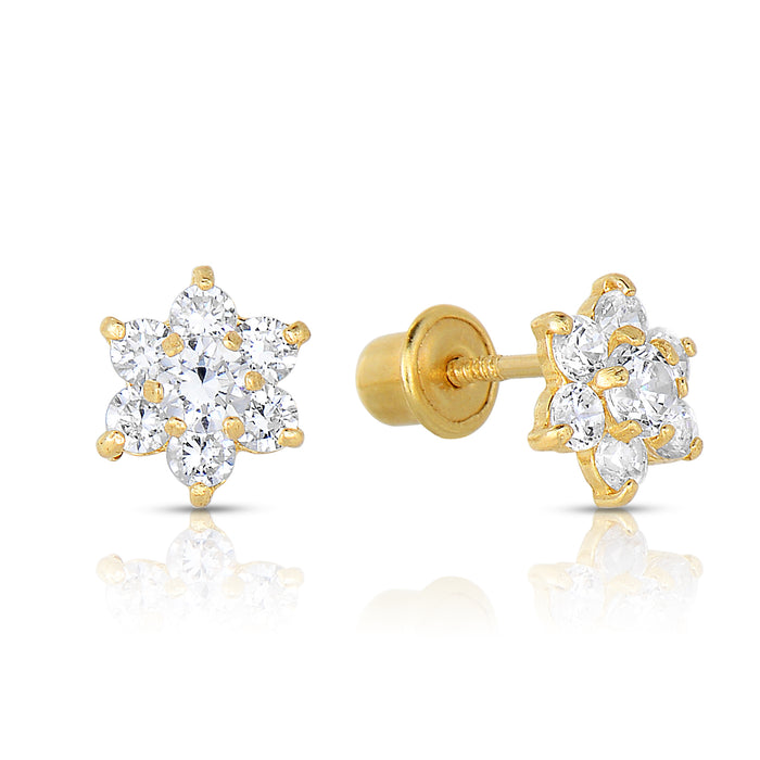 14k Yellow Gold Flower Birthstone CZ  Stud Earrings Screw Back - Medium (7mm)