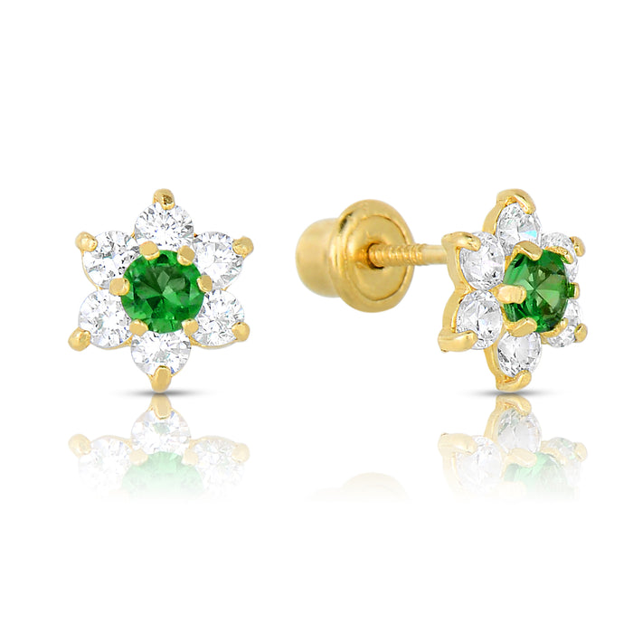 14k Yellow Gold Flower Birthstone CZ  Stud Earrings Screw Back - Medium (7mm)