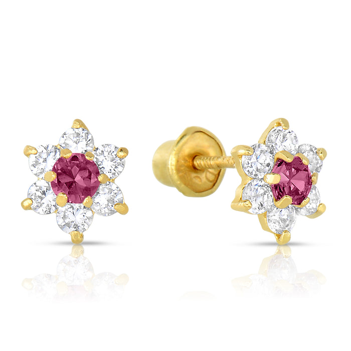 14k Yellow Gold Flower Birthstone CZ  Stud Earrings Screw Back - Medium (7mm)