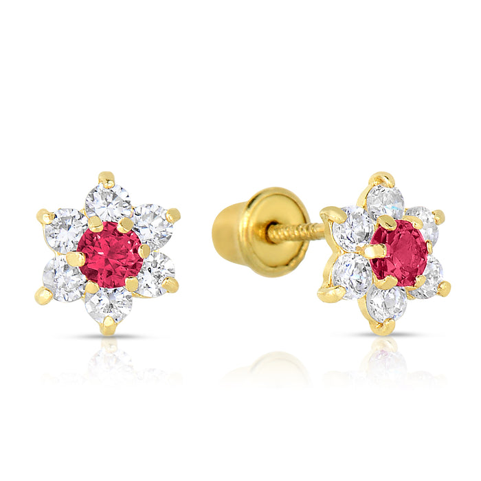 14k Yellow Gold Flower Birthstone CZ  Stud Earrings Screw Back - Medium (7mm)