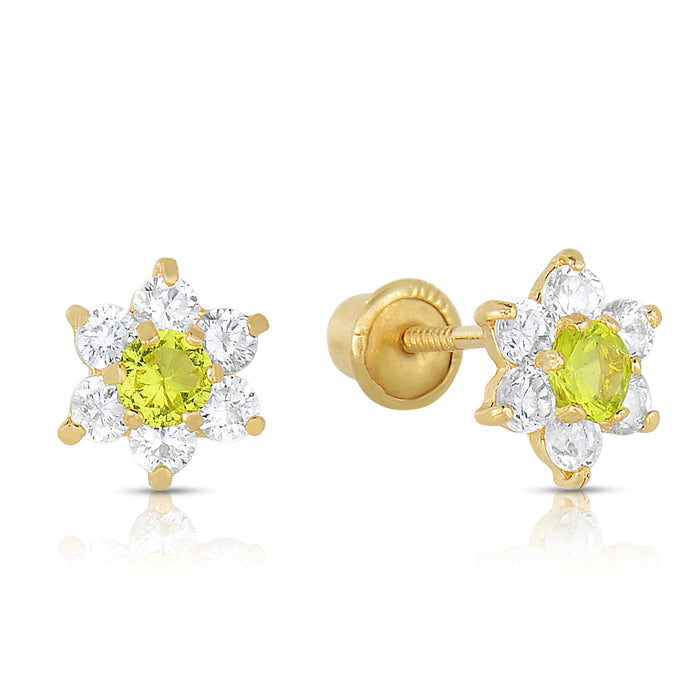 14k Yellow Gold Flower Birthstone CZ  Stud Earrings Screw Back - Medium (7mm)