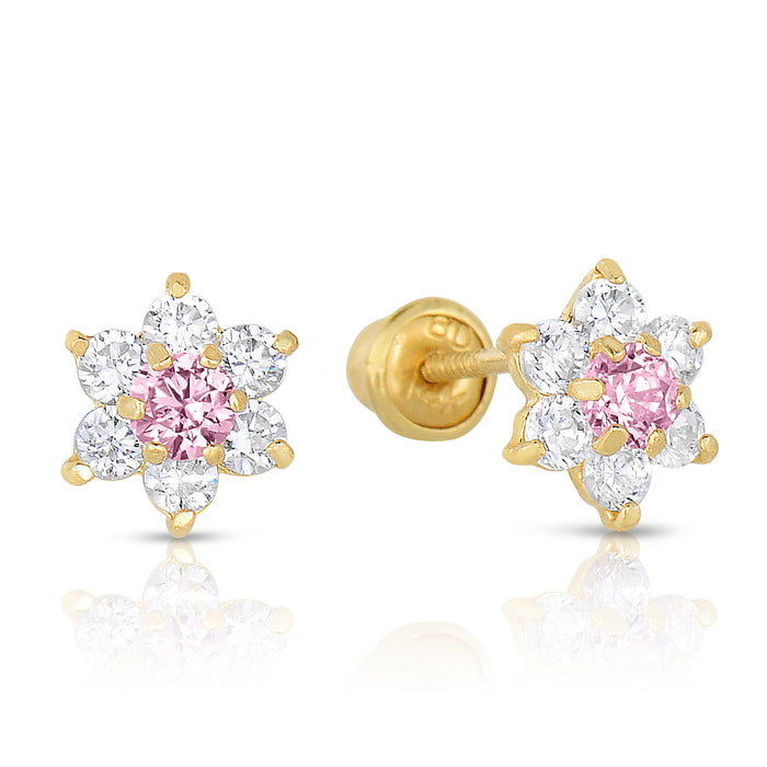 14k Yellow Gold Flower Birthstone CZ  Stud Earrings Screw Back - Medium (7mm)