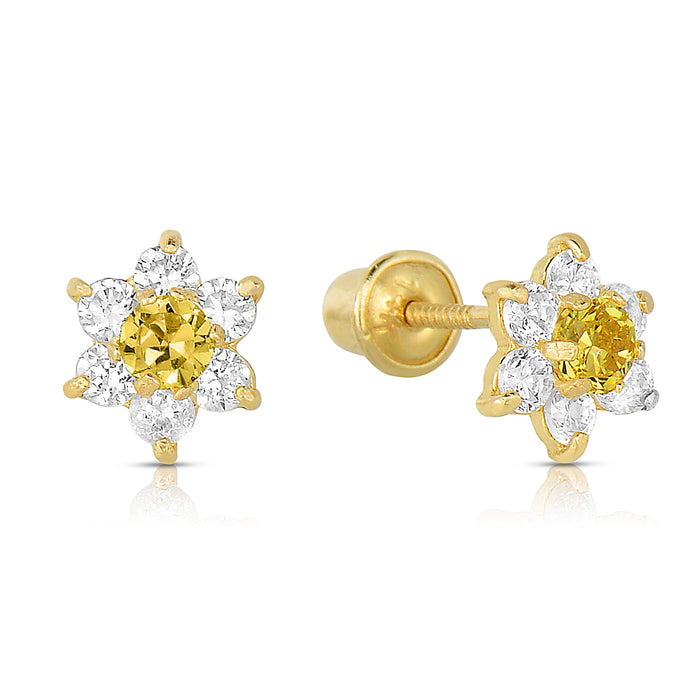 14k Yellow Gold Flower Birthstone CZ  Stud Earrings Screw Back - Medium (7mm)