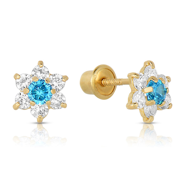 14k Yellow Gold Flower Birthstone CZ  Stud Earrings Screw Back - Medium (7mm)