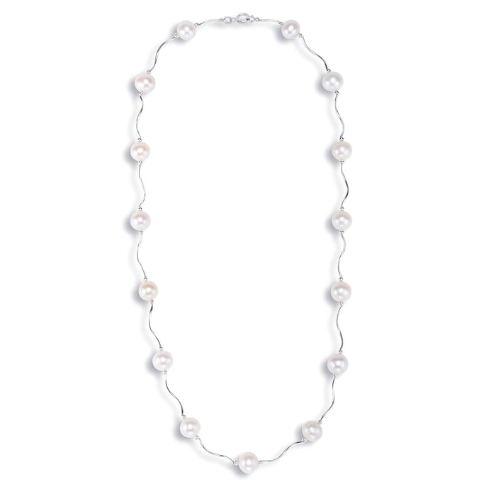 14k Solid Gold Freshwater Cultured Pearl Station Necklace - Plain