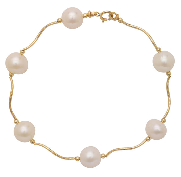 GP5000 14k Solid Gold Freshwater Cultured Pearl Station Bracelet, Diamond-Cut, Made in USA