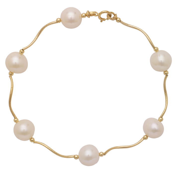 14k Solid Gold Freshwater Cultured Pearl Station Bracelet, Diamond-Cut