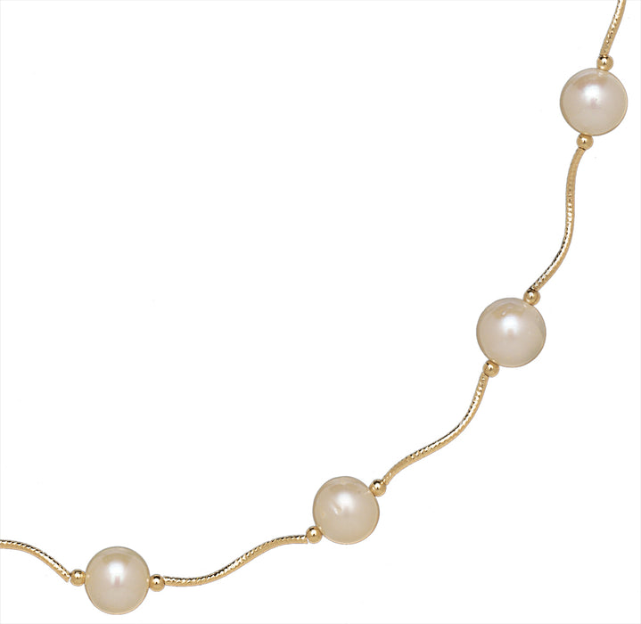 14k Solid Gold Freshwater Cultured Pearl Station Necklace - Diamond-cut