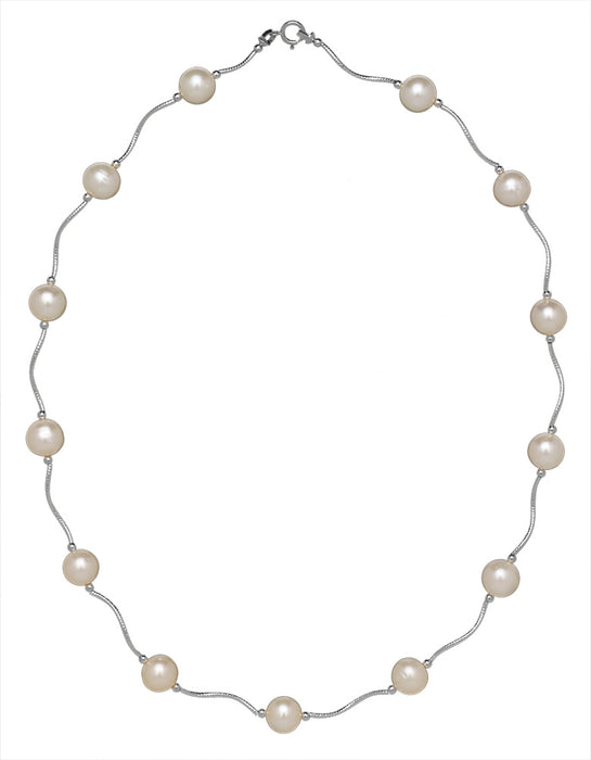 14k Solid Gold Freshwater Cultured Pearl Station Necklace - Diamond-cut