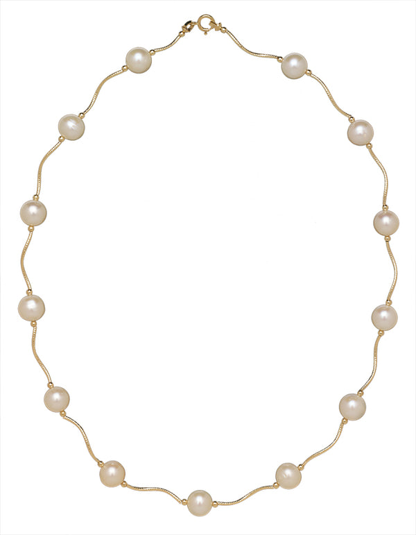 14k Solid Gold Freshwater Cultured Pearl Station Necklace - Diamond-cut