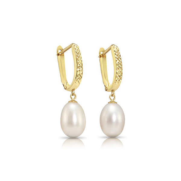 14K Gold Fancy Diamond Cut Freshwater Pearl Dangle Huggie Earrings