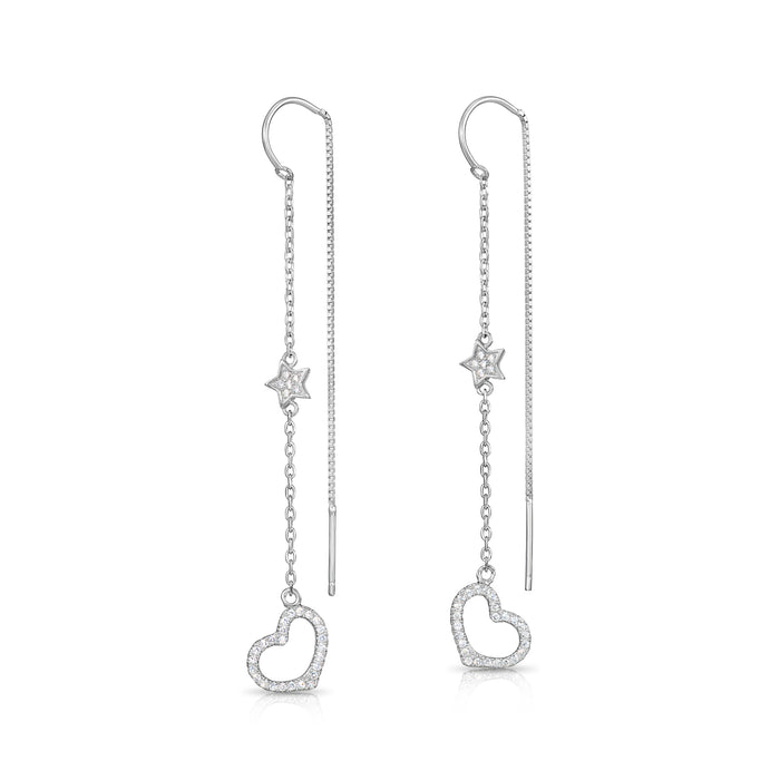 925 Sterling Silver Stars and Heart Dangle Drop Earrings