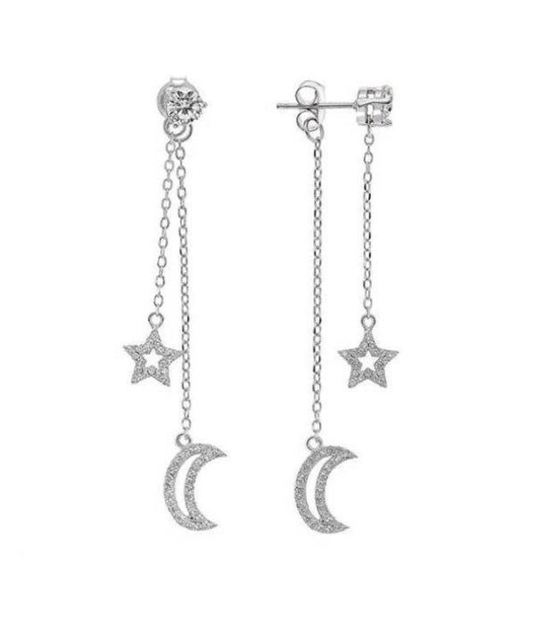 925 Sterling Silver Moon and Stars CZ Dangle Drop Stud Earrings
