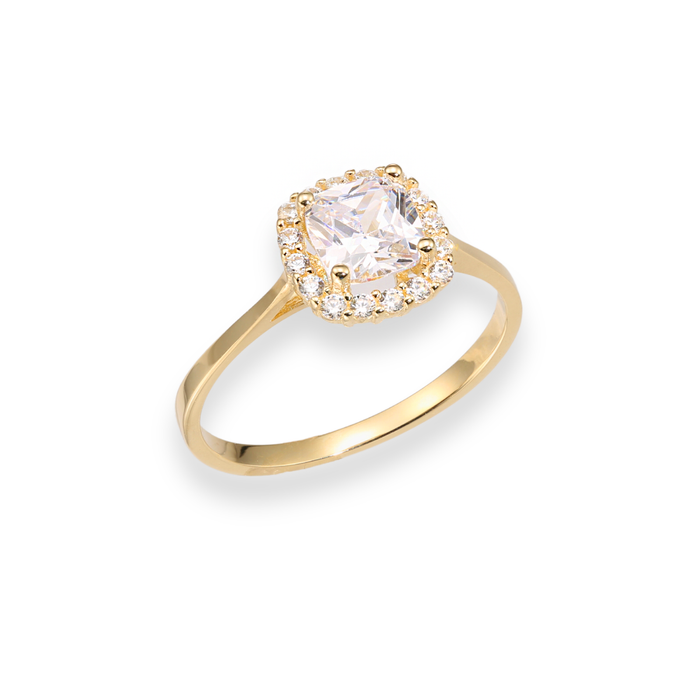 14k Gold Ring with Halo and Cushion Cut CZ Center Stone