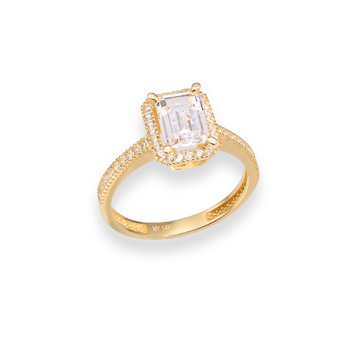 14k Gold Ring with Halo and Emerald Cut CZ Center Stone