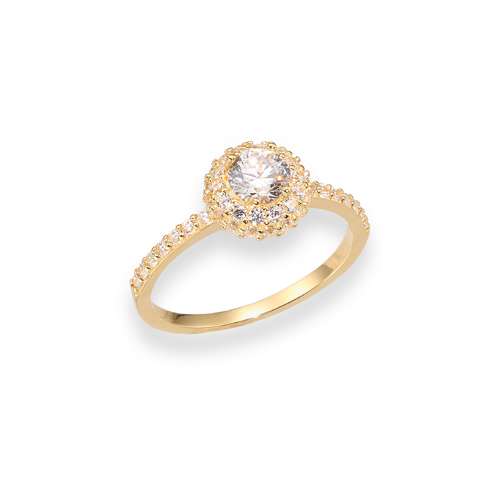 14k Gold Ring with Round CZ and Halo