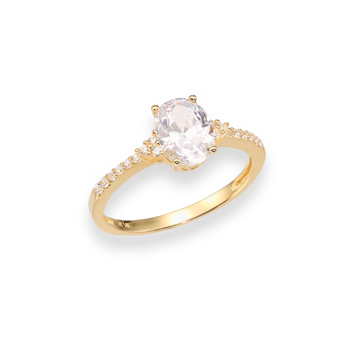 14k Gold Ring with Halo and Oval Cut CZ Center Stone