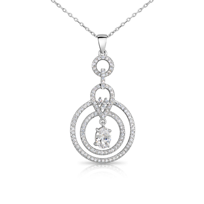 925 Sterling Silver Double Halo Tear Drop Solitaire Oval Pendant Necklace