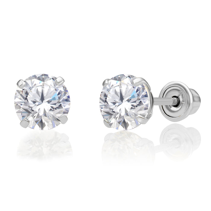 14k White Gold CZ Stud Earrings - Screwback