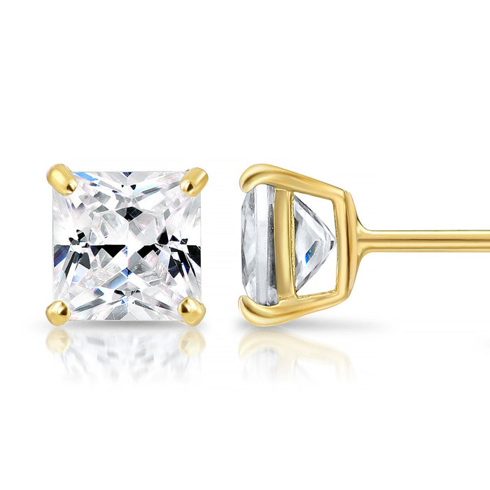 14K Yellow Gold Square CZ Stud Earrings - Silicon Backs