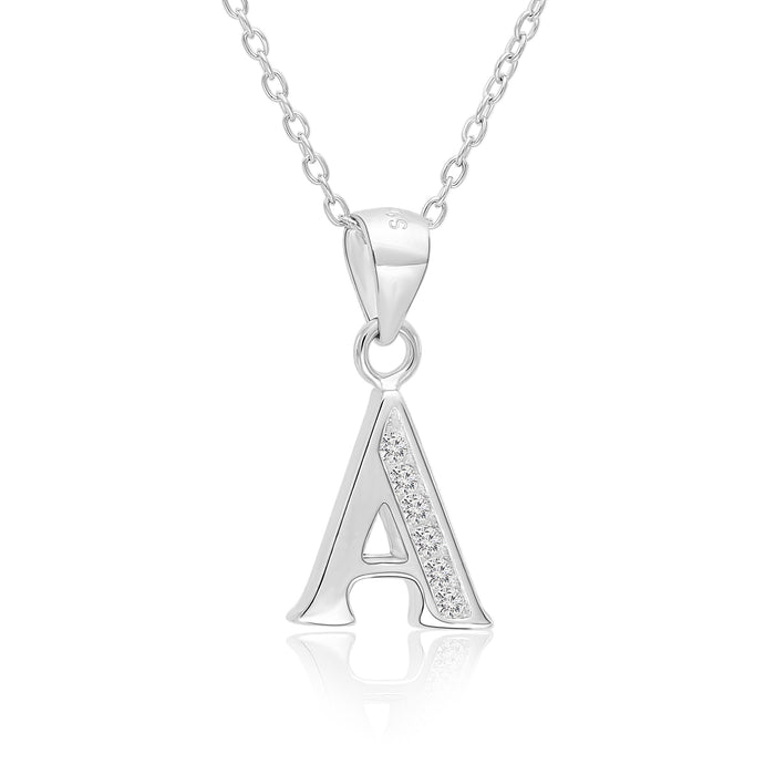 Sterling Silver Alphabet Initial CZ Pendant Necklace - All Letters