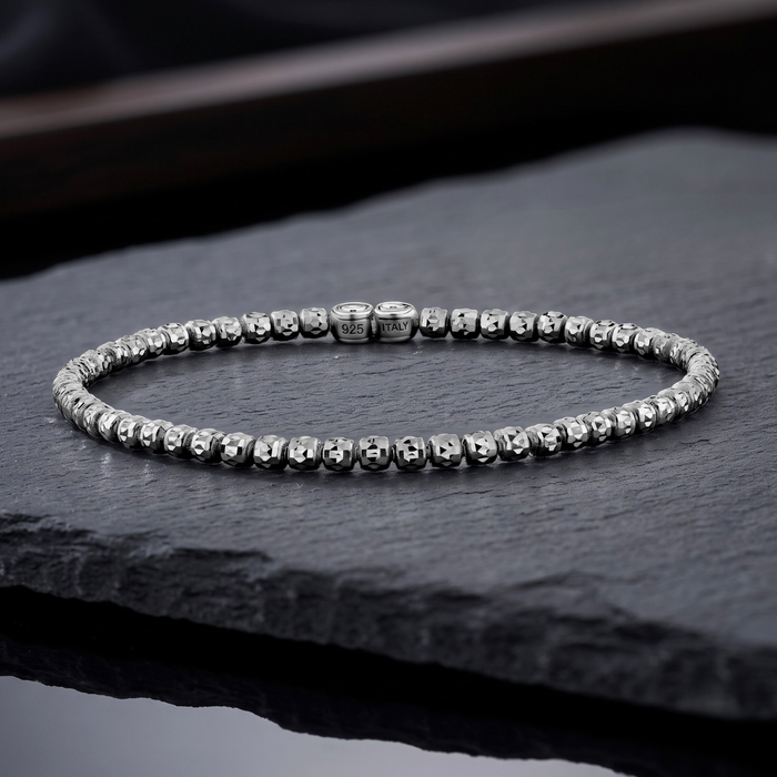 Sterling Silver Diamond-Cut "Tiger" Bead Stretch Bracelet, Gunmetal Finish